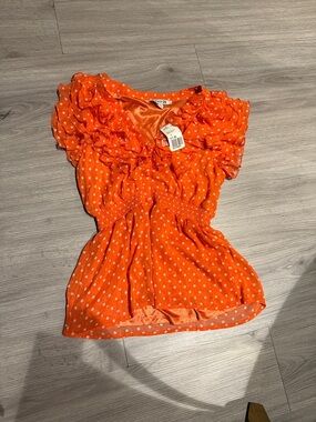 Women’s Orange Polka Dot Ruffle V-Neck Top
